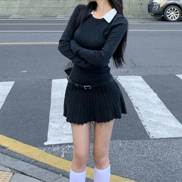 Style Fake Two Shirt Skirt Women Autumn And Winter Hot Girls Splicing Shirt Collar Dress Slim Thin 100-Fold Skirt